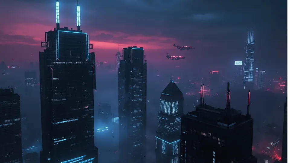Neon lit skyscrappers with fog and flying cars